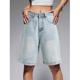 EMMIOL Women Mid-Low Waisted Jorts Trendy Denim Shorts Baggy Jeans Knee Length Cutoff Loose Fit Long Shorts