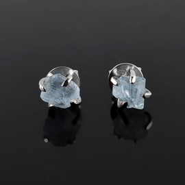 March Birthstone | Aquamarine/Sea Gemstone - Natural Raw Crystal - Dainty Earrings Stud Pair, Gift, Energy Healing Crystals Jewelry in Rhodium Plating 925 Sterling Silver, Elegant Gift