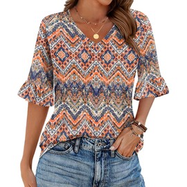 Zeagoo Womens 3/4 Ruffle Sleeve Blouse Bohemian Floral Print Shirts Casual Fitted Loose Tunics 2025 Trendy Stylish Tops