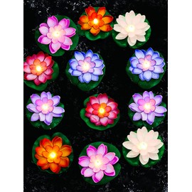 12 Luces Flotantes de Piscina Linternas de Loto Lámpara LED Realista Vela con Forma de Flor de Lirio de Agua que Funciona con Pilas Decoración Estanque, Luz Amarilla (Multicolor, 5.91 Pulgadas)