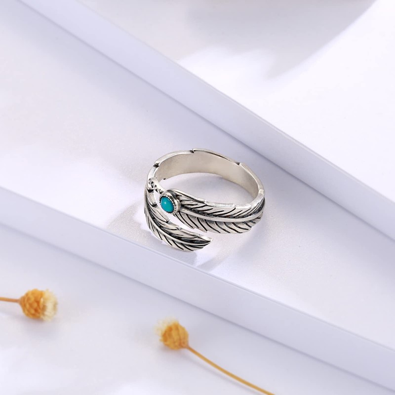 MANBU Sterling Silver Turquoise Feather Ring Earrings Women Men Feather