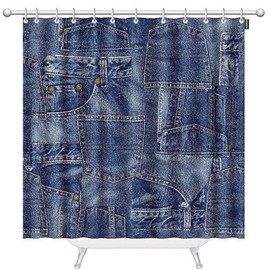 HOSNYE Denim Material Patchwork Shower Curtain 60x72 InchFabric Apparel Indigo Miscellaneous Polyester Stall Curtains with Hooks for Bathroom Showers