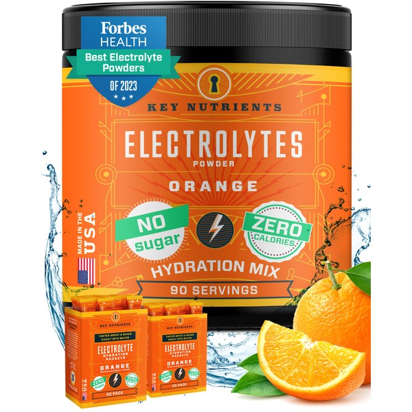 KEY NUTRIENTS Electrolytes Powder No Sugar - Tangy Orange Electrolyte Drink Mix - Hydration Powder - No Calories, Gluten Free - Powder and Packets (20, 40 or 90 Servings)
