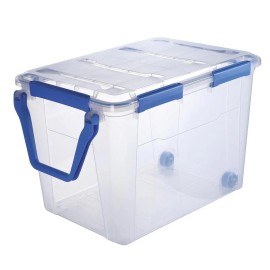 ezystorage 106 Quart Waterproof Clear Blue Clasps Latching Gasket Storage Tote w/ Wheels