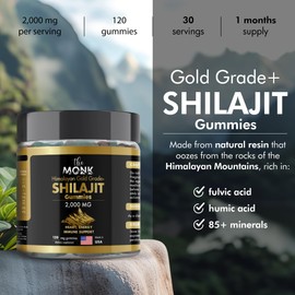 THE MONK Organic Himalayan Shilajit Gummies with Fulvic Acid, Humic Acid, 85+ Minerals- Gold Grade Plus - Same as Resin - Energy, Stamina, Brain, Gut - 2,000mg, 120 Ct - Made in The USA