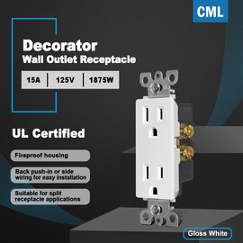 (50 Pack) CML 15 Amp Decorator Wall Receptacle Outlet, Standard Electrical Outlet, Non-Tamper Resistant, 15A/125V, 2 Pole 3 Wire, White, UL Listed