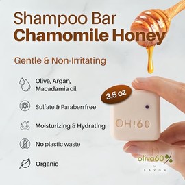 Shampoo en barra de Oliva. Oliva60, Cabello seco, Sin sulfatos, Con aceite de argán, macadamia, extracto de aloe, provitamina B5. 100 gr. (Manzanilla miel)