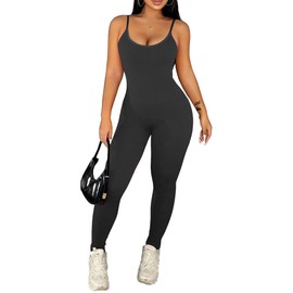 Workout Jumpsuits for Women Gym Clothes Bodycon Jumpsuit One Piece Bodysuit Outfits Romper Yoga Body Suit Tight Onesie (Black, Large)