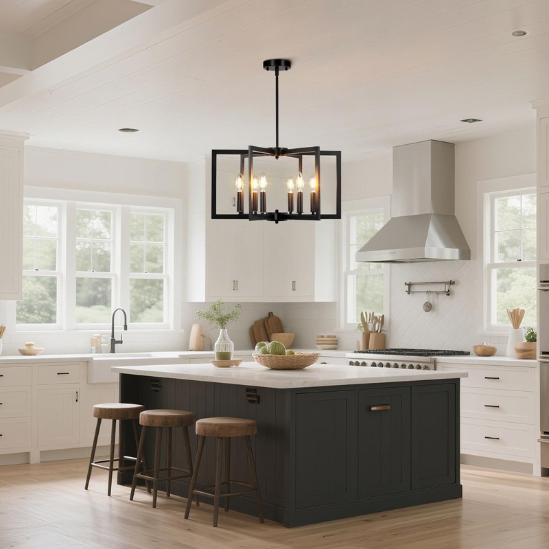 LUMLLSAJI 6-Light Modern Black Chandeliers for Dining Room, Geometric Metal