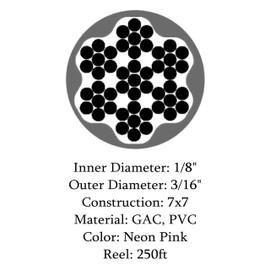 Lexco Cable 187316NPCC 250' Spool of 3/16" Neon Pink PVC Coated 1/8" 7x7 Galv...