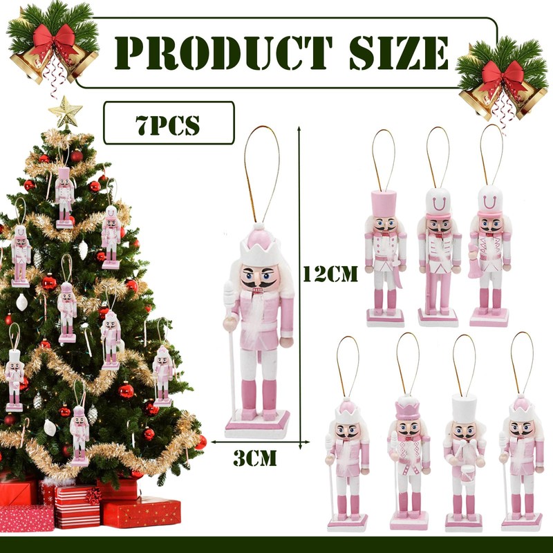 6pcs 12cm Pink Wooden Christmas Nutcracker Soldier Ornaments, Christmas Tree