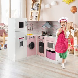 Costzon Kids Corner Play Kitchen, Wooden Pretend Play Kitchen w/Realistic Light & Sound, Washing Machine, Microwave, Ice Maker, Oven & Stove, Little Chef Pretend Toy Kitchen for Boys & Girls
