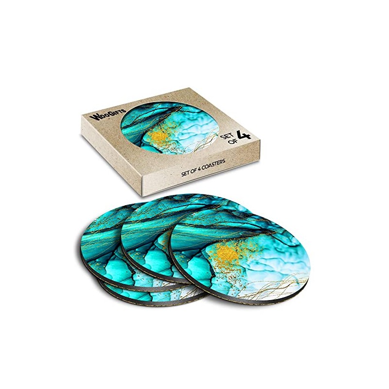 4 x Round Coasters - Teal Green Blue Ink Effect