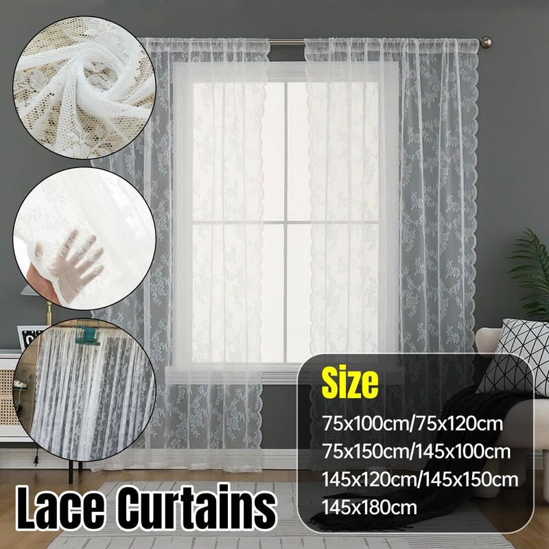 AIMALL 1pcs Elegant White Lace Curtain, Punch-Free, Rod-Wearing Design, Ideal