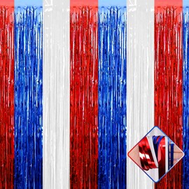 4 Pack 3.2Ft x 9.8Ft Foil Fringe Curtain Backdrop, Red Blue White Metallic Tinsel Foil Fringe Streamers Curtains Background for Photo Booth, Birthday, Wedding, Independence Day Party Decoration