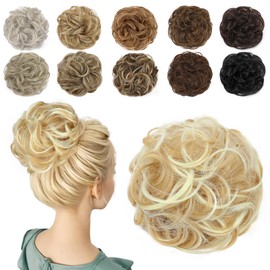 HMDMessy Hair Bun Hair Pieces Elastic Wavy Curly Hair Bun Scrunchies Extensions Synthetic Chignon Hairpieces for Women Girls（Natural Blonde & Lightest Blonde）