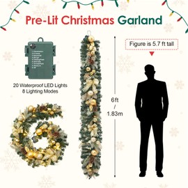 GarveeHome 6 Ft Christmas Garland, Pre-Lit Artificial Xmas Garland with 20 LED Lights, Battery Operated Rattan Christmas Decoration with Gold Bows, Ball Ornaments, Pine Cones, Gold