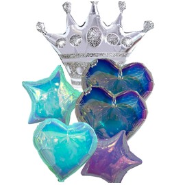 Metallic Star, Heart, and Crown Balloons, Assorted Iridescent Colors