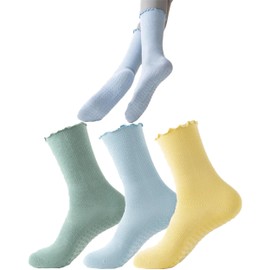 XIUYANG Womens Frilly Non-Slip Grips Socks Ruffle Pilates Socks Barre Gym Athletic Socks for Women Girl (US, Alpha, One Size, Regular, Regular, Socks Set 2-Green blue yellow)