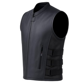 Men's Armor Biker Motorcycle Vest Swat Style | Premium Black Cowhide Leather | Adjustable Waist & Concealed Carry Pockets Black 3XL