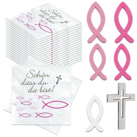 Napkins Fish Pink, Napkins Fish Pink, Pack of 40 Napkins Communion Christening Confirmation Decoration and 60 Pieces Wooden Fish Decoration, Table Decoration and Napkin Set for Christening