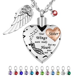Dletay Heart Cremation Necklace for Ashes Cremation Jewelry with 12 Birthstones Urn Necklace for Ashes-Your Wings were Ready but My Heart was Not(Sister)