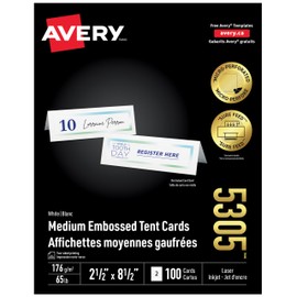 Avery Medium Tent Cards for Laser and Inkjet Printers, 2.5" x 8.5", White, Matte Coated, 100 Pack (5305)