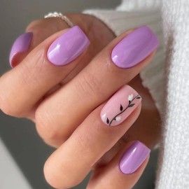 24Pcs Summer Square Press on Nails Medium Fake Nails Purple Nail Tips Acrylic False Nails with Vine Designs Nail Art Press ons Nails Full Cover Stick on Nails Nail Kit for Women Manicure