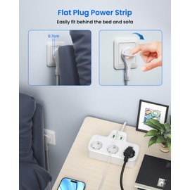 Flat Plug Socket Strip, Individually Switchable, 3-Way Multiple Socket with Switch, 3 Plug Strip, Wall Mounting, Multiple Plug, Extra Flat Plug, Double Plug for Socket, 2 m Cable, White