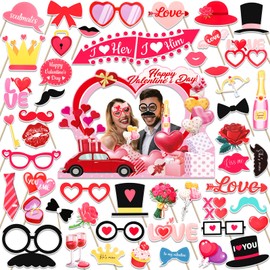 HOWAF Happy Valentine's Day Photo Booth Props,51 pcs Valentines Day Photo Props with Heart Shape Photo Frame Valentine’s Day Love Heart Selfie Props for Valentine’s Day Weeding Party Supplies