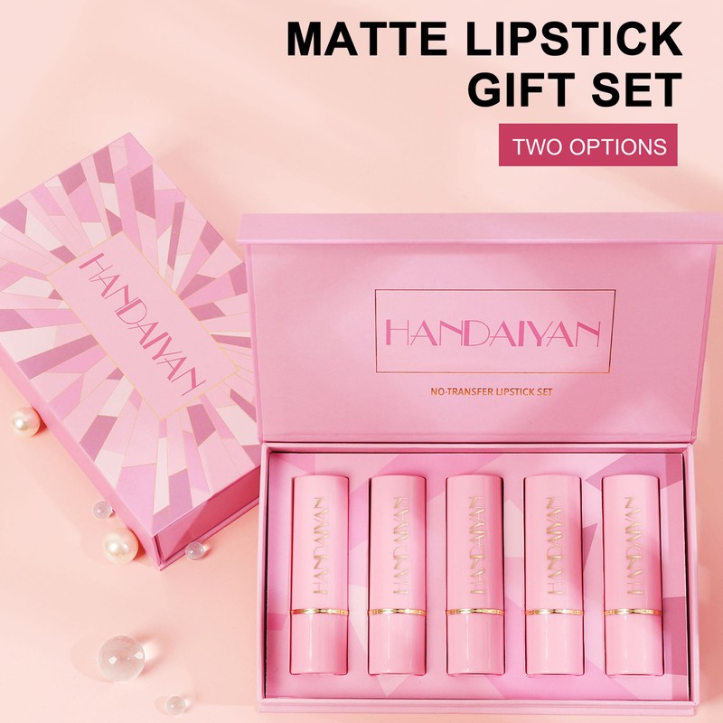 HANDAIYAN 5pcs Matte Lipstick Set Waterproof Long Lasting Non-stick Cup