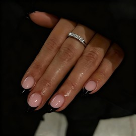 SXVME Black French Tip Press On Nails Almond - Acrylic Press On Nails Medium Stiletto, French Nude Fake Nails with Glue, Fit Perfectly, Reusable Soft Gel Stick on Nails for Women, 30 Pcs