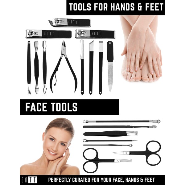 ENTT Manicure Pedicure Set 18 in 1 Grooming Kit for Men, Women - Premium Anti Slip Rubber Coated - Professsional Nail Clipper Set - for Travel, Home, Gift for Wife & Husband (Black Case)