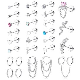 Morfetto 28Pcs Cartilage Stud Earrings Stainless Steel Conch Helix Tragus Flatback Stud Earrings Dangle Chain Huggie Hoop Earrings Set for Multiple Piercing Silver