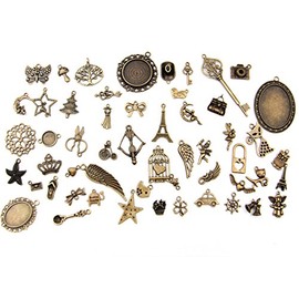 ALL in ONE Mixed Antique Bronze Alloy Pendants Beads Charms Chains Connectors Jewelry Findings : Animal, Tree, Flower, Star, Love, Crown, Key, Lock, Cross, Angel, Wing (100pcs, Antique Bronze)