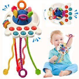 Juguetes Sensoriales Montessori, Juguetes de Actividad de Silicona Platillo Volador Sin BPA, Juguete de Didacticos Motricidad Fina para Niños, Juguete Educativos de Actividades Cuerda Tracción (Azul)