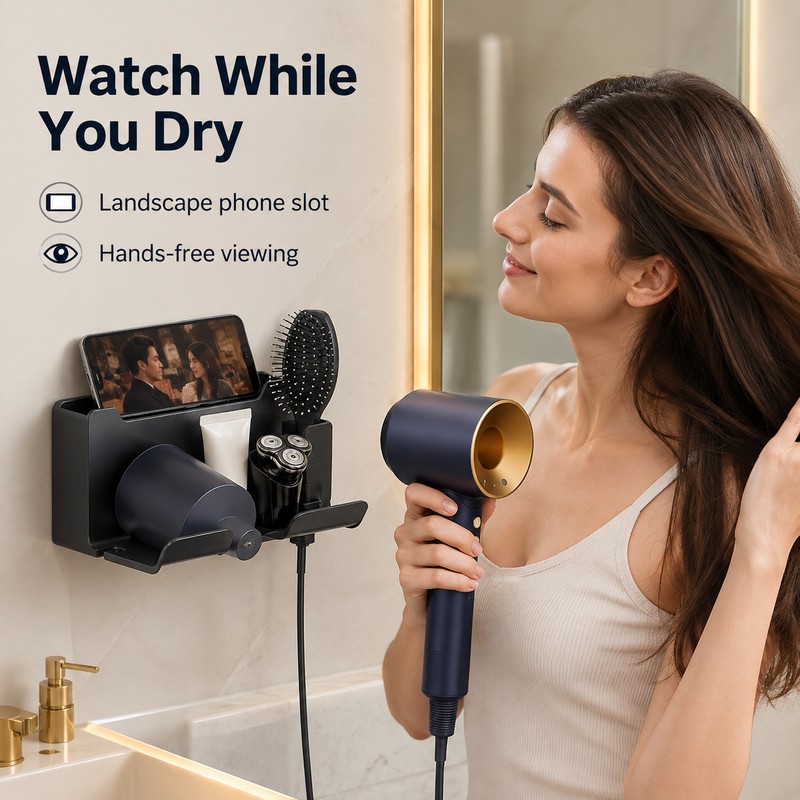 Drill-Free Wall Mount Hair Dryer Holder – Multifunctional Bathroom Organizer