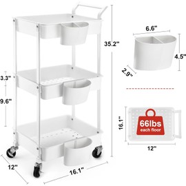 3-Tier Utility Rolling Cart,Mobile Utility Cart with Lockable Caster Wheels,Storage Shelves Organizer Cart, 3 Hanging Baskets, Easy Assembly,for Bathroom, Kitchen, Office, Workshop