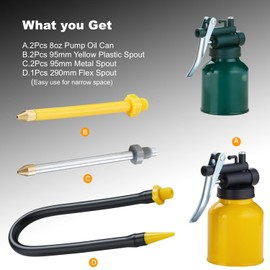 2 Sets Metal Oil can with 3 spouts, Rigid and Flexible spout Green and Yellow Oil Can