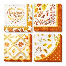 AOBKIAT Fall Thanksgiving Napkins,24PCS Orange Pumpkin Maple Leaf Styles Guest Disposable Napkins,for Autumn Harvest Holiday Dinner Party Supplies