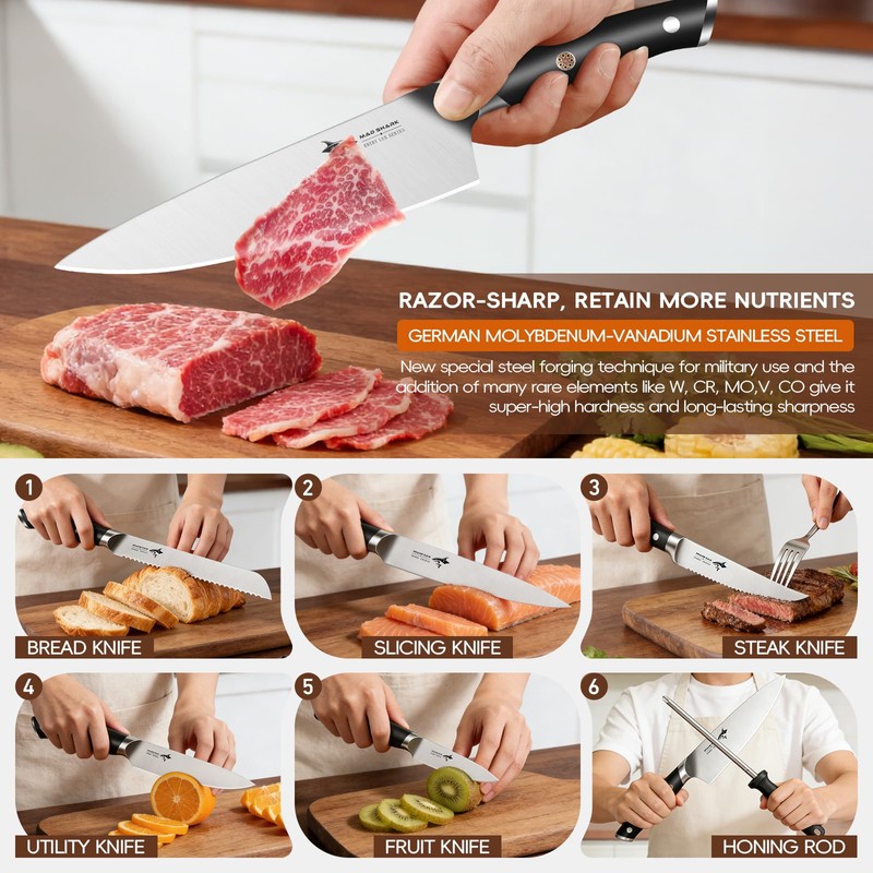 MAD SHARK 11-Piece Kitchen Knife Block Set with Sharpener Rod