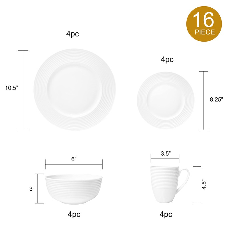 Bone China 16 Piece Dinnerware Dish Set, Service for 4,