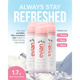 Evian Facial Spray 1.7 oz Travel 6-Pack - Hydrating Mineral Water Mist for Face & Skin - Refreshes Makeup and Tones Skin - TSA-Approved Mini Facial Spray Set for Daily Skincare Hydration