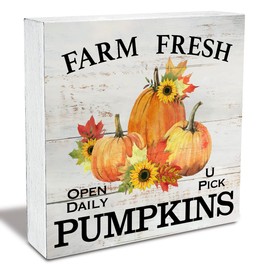 Autumn Sign Farm Fresh Pumpkins Wood Box Sign Rustic Wooden Box Sign Fall Country Farmhouse Home Kitchen Desk Shelf Decor (5 X 5 Inch)