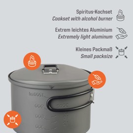 Esbit Spirit Cooking Set with 1500 ml Pot Hard Anodised Aluminium Lid + Lid Hanger Spirit Burner with Flame Regulator with Folding Handle