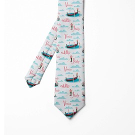 Ambesonne Italy Necktie, Repeated Style Gondolas with Male Gondoliers from Venice and Clouds, 3.7", Off White and Multicolor