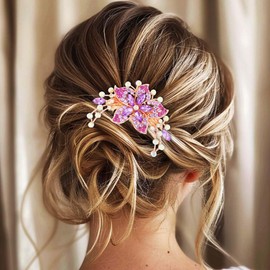 Jovono Rhinestone Bridal Hair Comb Gold Bride Wedding Flower Crystal Hair Piece Vintage Hair Accessories for Women (Purple)