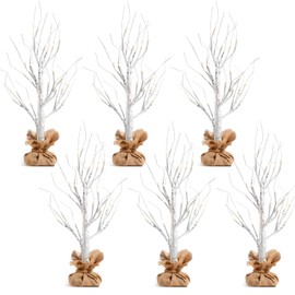 Leyndo 6 Pcs Lighted Birch Tree 24''H Christmas Tabletop Tree Decoration LED White Birch Tree with Burlap Artificial Trees for Home Living Room Mantel Wedding Bedroom Decor