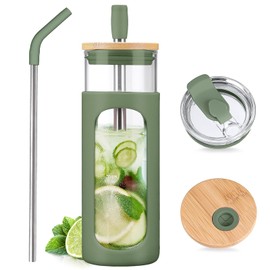 Kodrine 24oz glass tumbler with straw and lid,Iced coffee cup, Leak-proof Lid and Straw,Smoothie Cup With Bamboo Lid,Fit in Cup Holder, BPA Free, Dishwasher Safe (1, Olive)