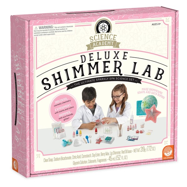 MindWare Science Academy Deluxe Shimmer Lab – Kit Includes 40pcs to Teach Kids & Teens Cosmetic Chemistry - Boys & Girls Make DIY Bath Bombs, Lip Balm & Soaps with eco-Friendly Biodegradable Glitter